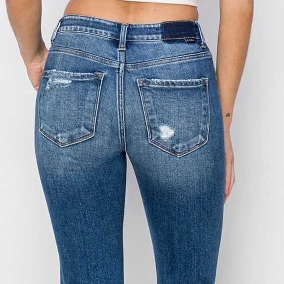 RISEN High-Rise Straight Leg Cuffed Cropped Hem Jeans Distressed Raw Denim Pants - Picture 6 of 13